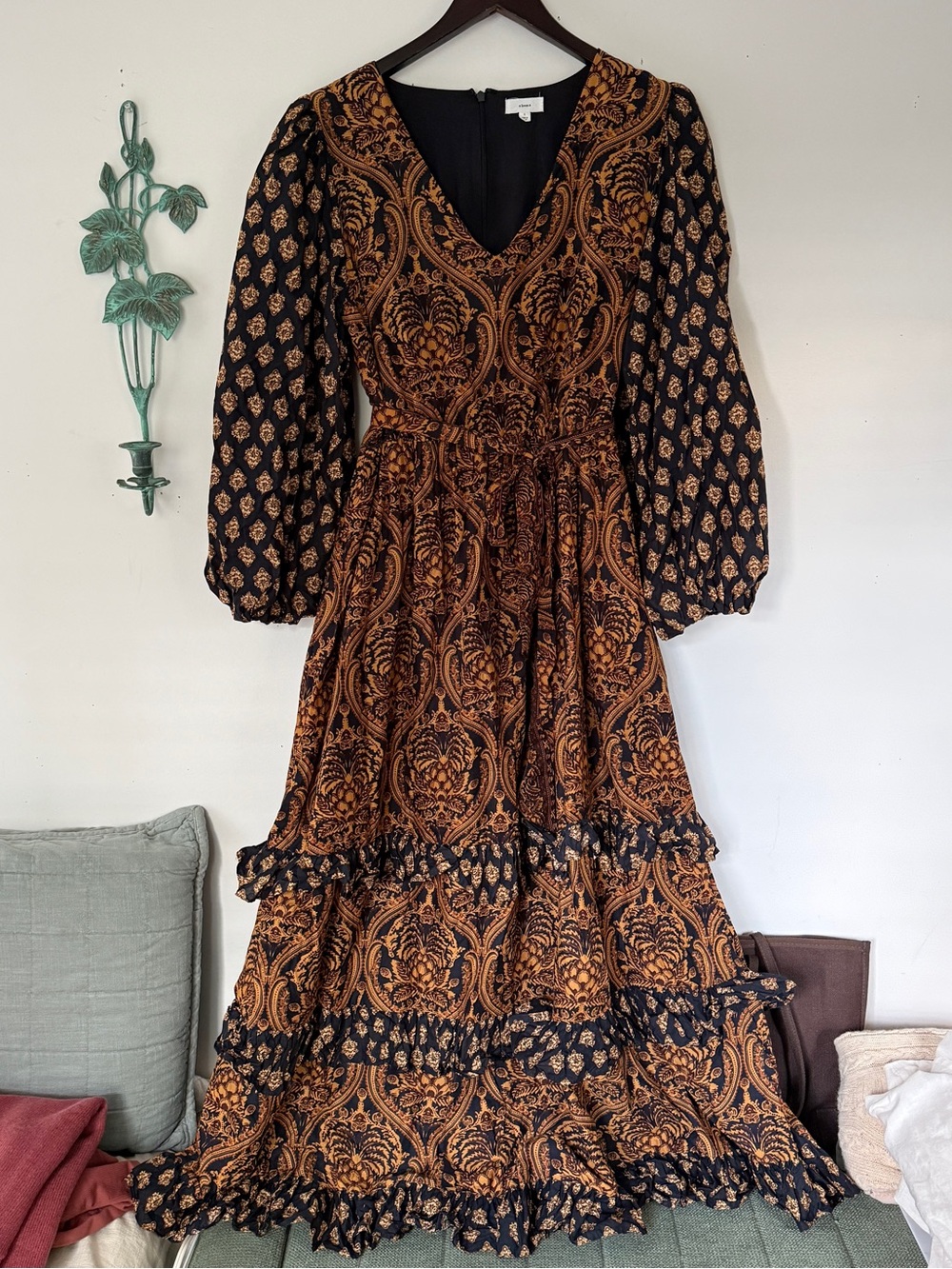 A Loves A Paisley Cotton Maxi Dress L Boho Romantic Tiered Ruffle Balloon Sleeve - Picture 2 of 12